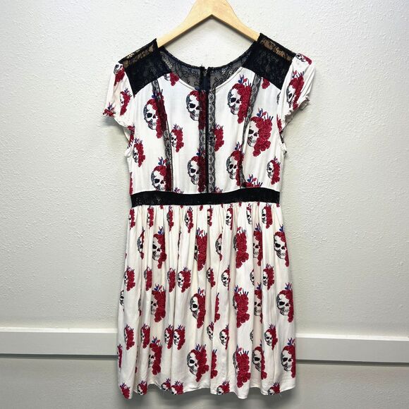 Vintage Royal Bones By Daang Sugar Skull & Rose Lace Shift Dress Size M - Picture 1 of 9